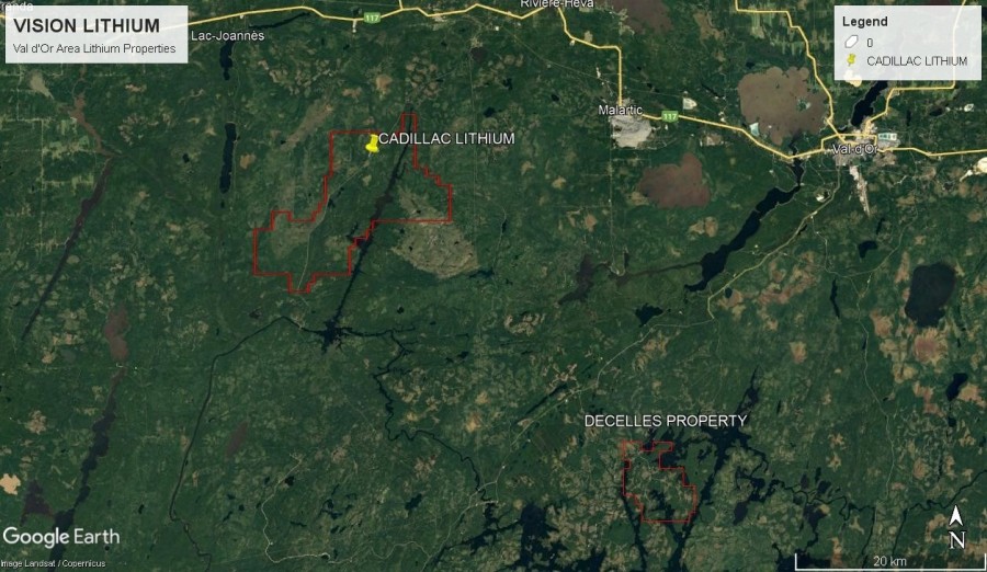 Figure 1 – Vision Lithium Property Portfolio – Location of Decelles and Cadillac Lithium Projects located South and West of Val-d’Or (CNW Group/Vision Lithium Inc.)