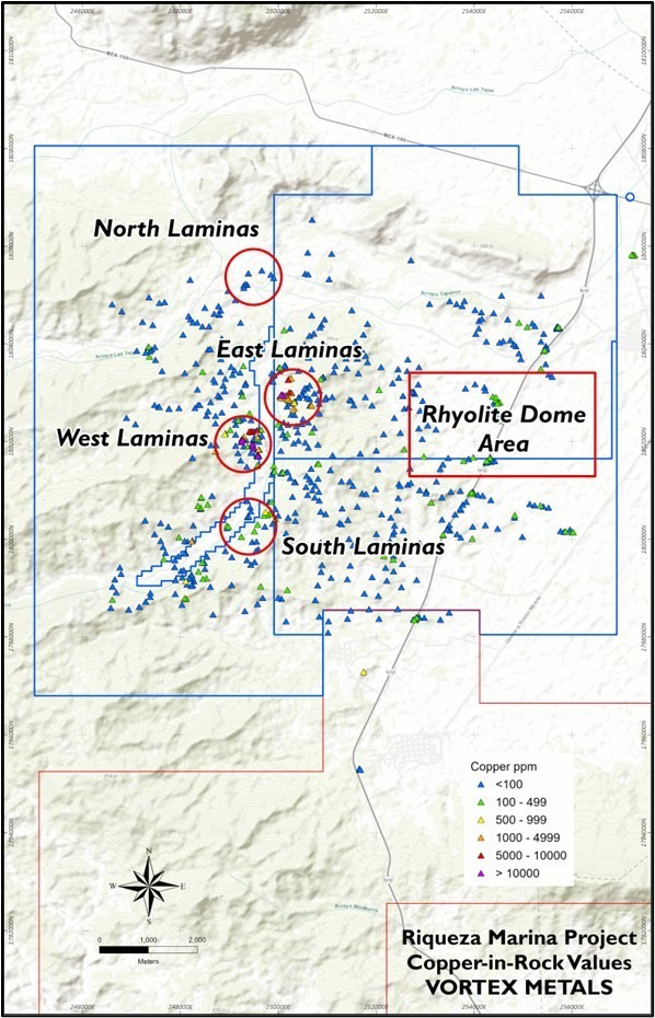 Figure 1. Copper-in-rock values over the Riqueza Marina project area. Target areas along the Gossan trend are shown in red circles; the Rhyolite Dome target is defined by a red box (see Figure 3). (CNW Group/Vortex Metals)