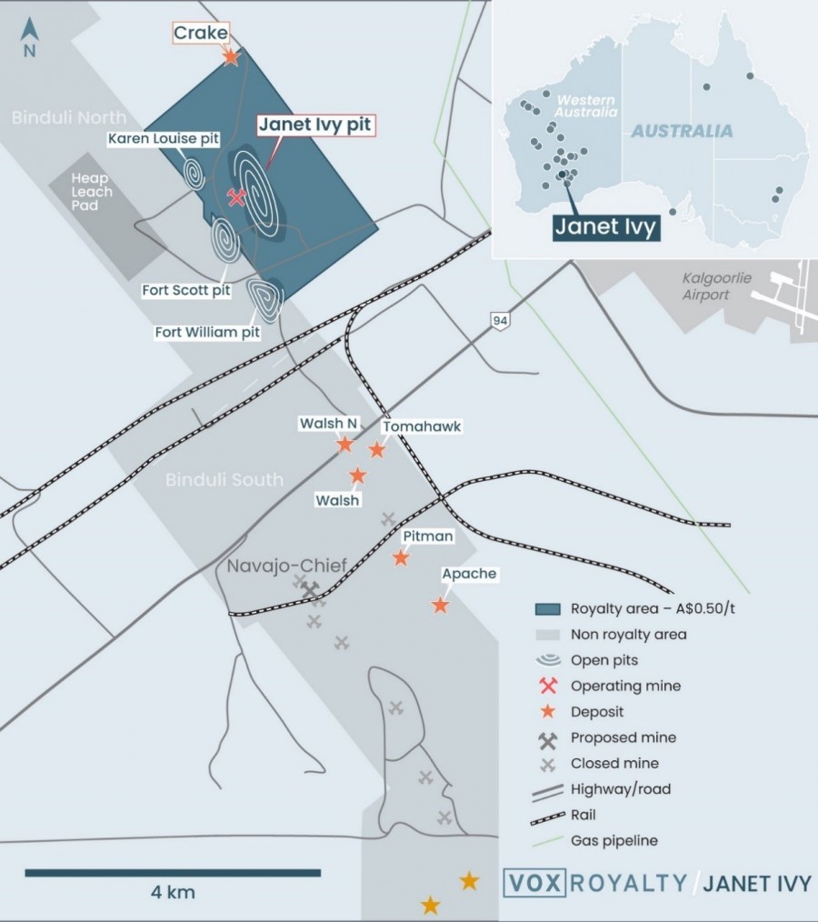 Figure 1: Janet Ivy royalty tenure M26/446 in relation to Binduli North and Binduli South. (CNW Group/Vox Royalty Corp.)