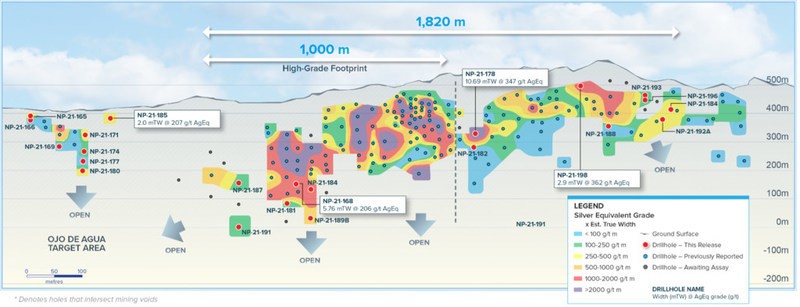 Longitudinal section of the entire main Napoleon prospect with all holes labelled and selected intersections shown. (CNW Group/Vizsla Silver Corp.)