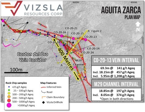 Figure 1: Plan view of the Aguita Zarca prospect with drill hole locations labelled, mapped geology and surface sampling locations (CNW Group/Vizsla Resources Corp.)