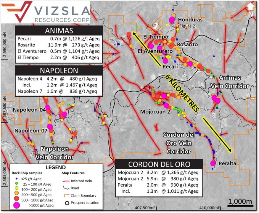 Figure 1: Plan map showing sampling results and Honduras location with selected results labelled. (CNW Group/Vizsla Resources Corp.)