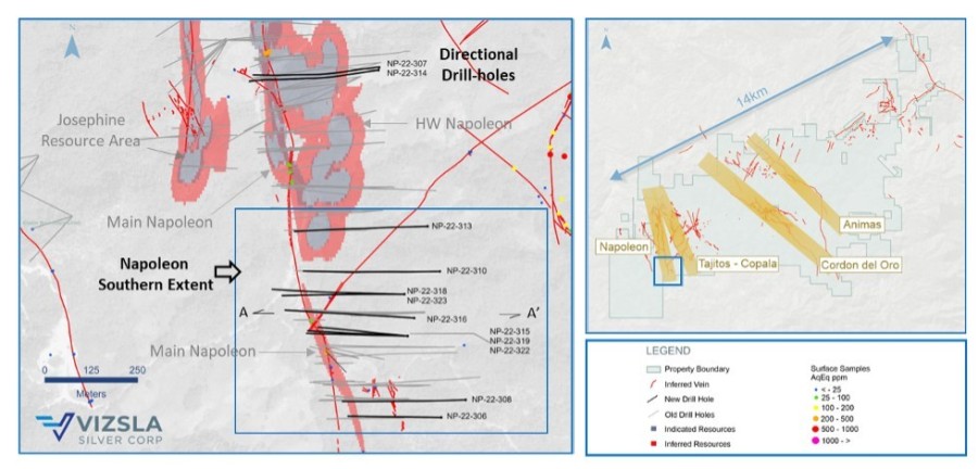 Figure 1: Plan map of recent drilling along the southern extent of the Napoleon vein. (CNW Group/Vizsla Silver Corp.)