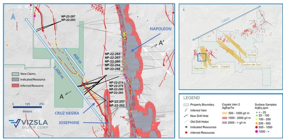 Figure 1: Plan map of recent drilling centered on the Cruz Negra Vein, highlighting newly acquired claims in green. (CNW Group/Vizsla Silver Corp.)