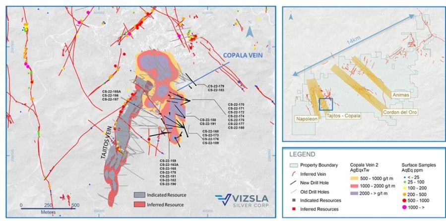 Figure 1: Plan map of recent drilling centered on the Copala vein. (CNW Group/Vizsla Silver Corp.)