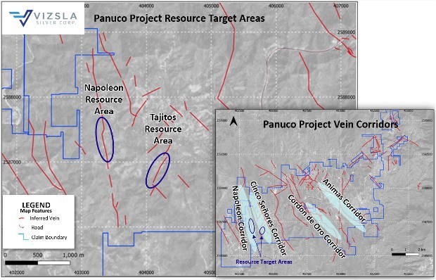 Plan map showing location of resource area drilling at Napoleon and Tajitos. Inset of the greater Panuco property package highlighting the four main vein corridors (yellow ellipse) currently being explored by Vizsla. (CNW Group/Vizsla Silver Corp.)