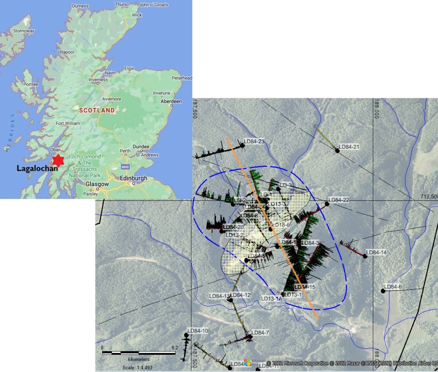 Figure 1: Plan of drilling on the central portion of the Lagalochan Porphyry system. Blue dashed line defines known limits of the qtz stockwork zone that roughly defines the + 0.1% Cu contour. Hashed area shows the porphyry breccia zone which overprints the stockwork zone and is Cu destructive but associated with sporadic zones of higher grade gold. Section line in orange. (CNW Group/Western Gold Exploration Ltd)
