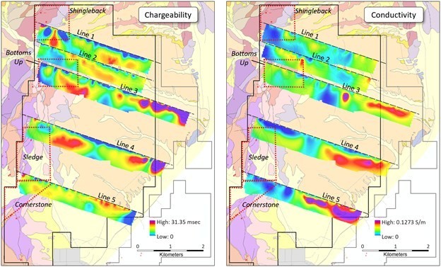 Figure 1- Preliminary smooth model inversions of Chargeability (left) and Conductivity (right) from Zacapa’s pole-dipole IP geophysical survey overlain on US Geological Survey geologic map. Warm colors indicate highly chargeable and conductive areas respectively. Profiles are preliminary vertical sections displayed on the surface. Prospect areas are outlined in red and correspond to areas of interest on the surface, not in the IP lines. (CNW Group/Zacapa Resources)