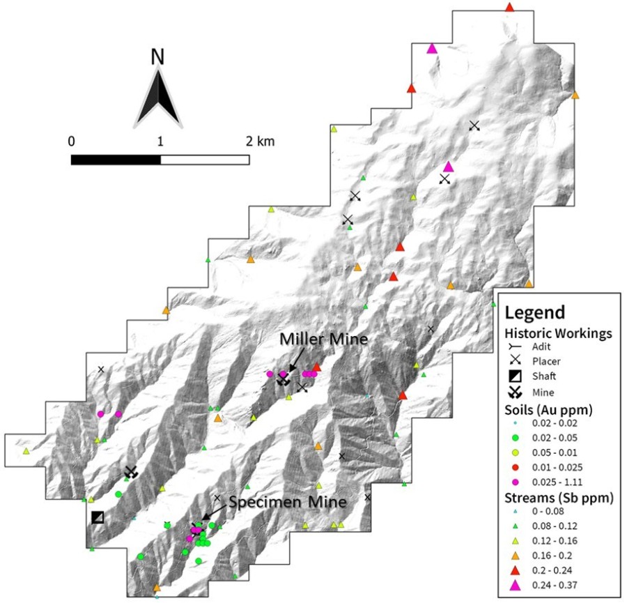 Figure 1 – Map of the Miller Mountain project showing anomalous gold and pathfinder elements in stream sediment and soil sampling results (CNW Group/Zacapa Resources)