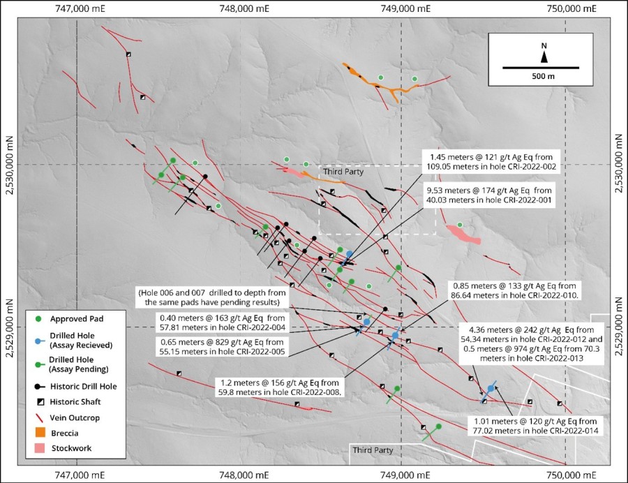 Figure 1: Map of El Cristo showing Zacatecas’ drill hole locations. Historical drill hole traces are also shown (black). The base of the map is a grey scale digital elevation model. Recently drilled holes traces with assay results received are shown in blue. (CNW Group/Zacatecas Silver Corp.)