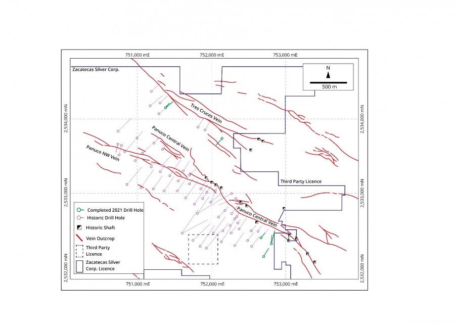 Figure 1: Map of Panuco showing historical drill traces and vein outcrop. The seven angles diamond drill holes completed by Zacatecas are shown green. (CNW Group/Zacatecas Silver Corp.)