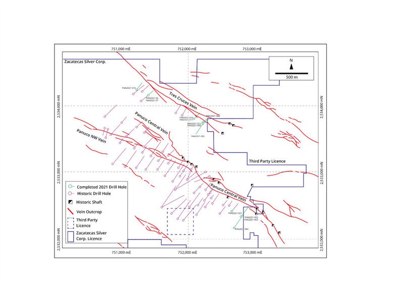 Figure 1: Map of Panuco showing Zacatecas 2021 diamond drill holes and drill hole traces (green), historical drill traces (purple), and vein outcrop. The 13 angled diamond drill holes completed by Zacatecas are shown green. Where multiple holes were drilled in the line of one section — they will show as a single drill trace. (CNW Group/Zacatecas Silver Corp.)