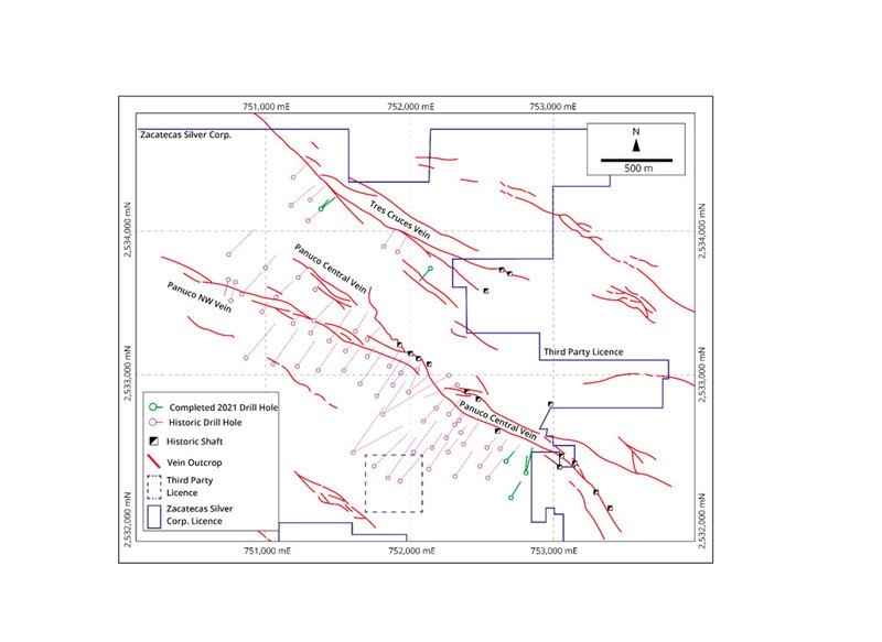 Figure 1: Map of Panuco showing historical drill traces and vein outcrop. The seven angled diamond drill holes completed by Zacatecas are shown green. (CNW Group/Zacatecas Silver Corp.)
