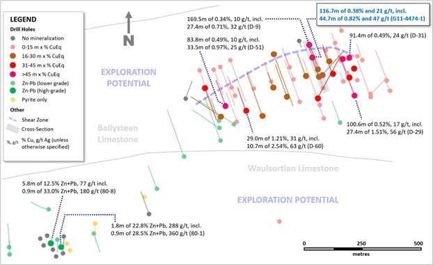 Exhibit 1. Plan Drill Hole Map of Denison Prospect, PG West Project (100% interest), Ireland (CNW Group/Group Eleven Resources Corp.)