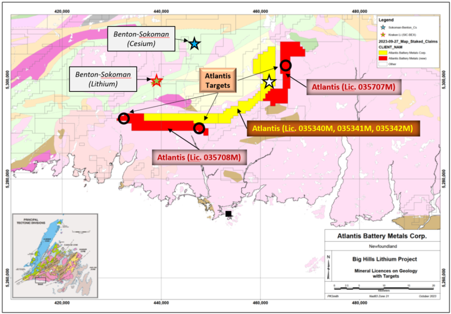 Figure 1: Azincourt’s Big Hill Lithium Project, with additional licenses in red, Newfoundland