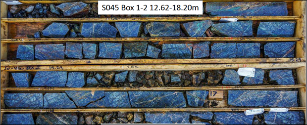 Figure 1. Supergene enrichment in hole S045, at the start of an interval of 106.98 m of 0.77% Cu, 0.407 g/t, Au 1.02 g/t Ag.