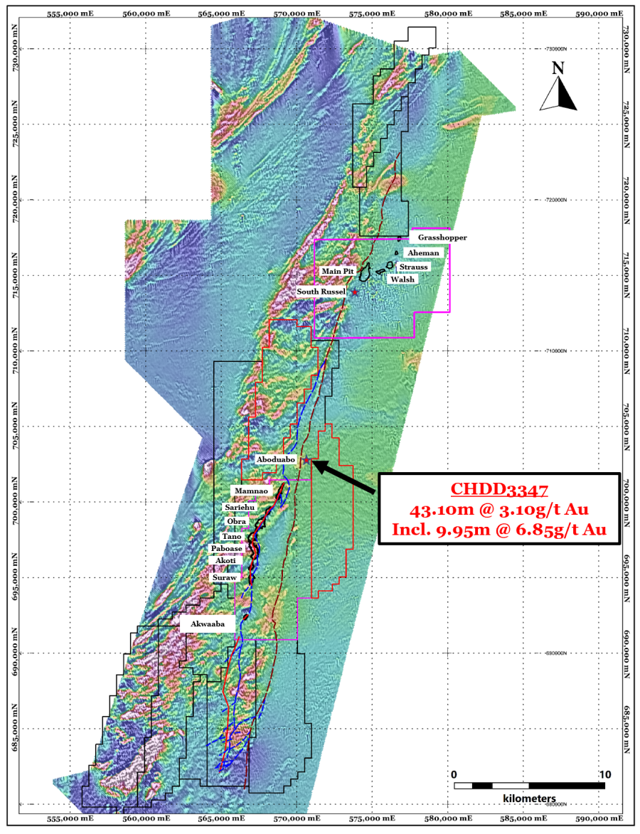 Figure 1: Aeromagnetic map of the Bibiani – Chirano Gold Corridor, principal Asante gold deposits and recent significant intercepts at the Aboduabo prospects.