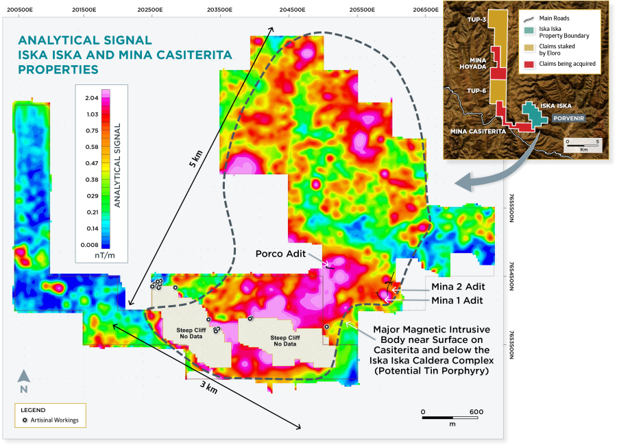 Figure 1: Plan map of Analytical Signal for Iska Iska and Casiterita showing likely extent of major magnetic intrusive body.