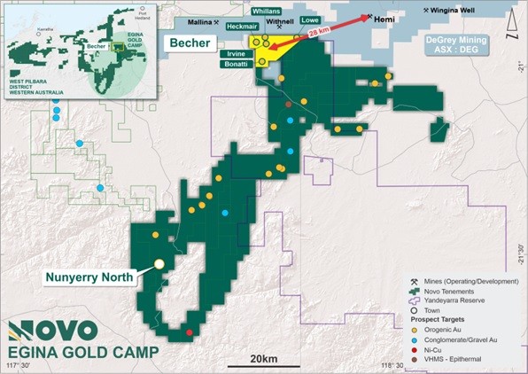 Figure 1 - Egina Gold Camp tenure showing the Becher and Nunyerry North Projects and the priority Becher prospects.