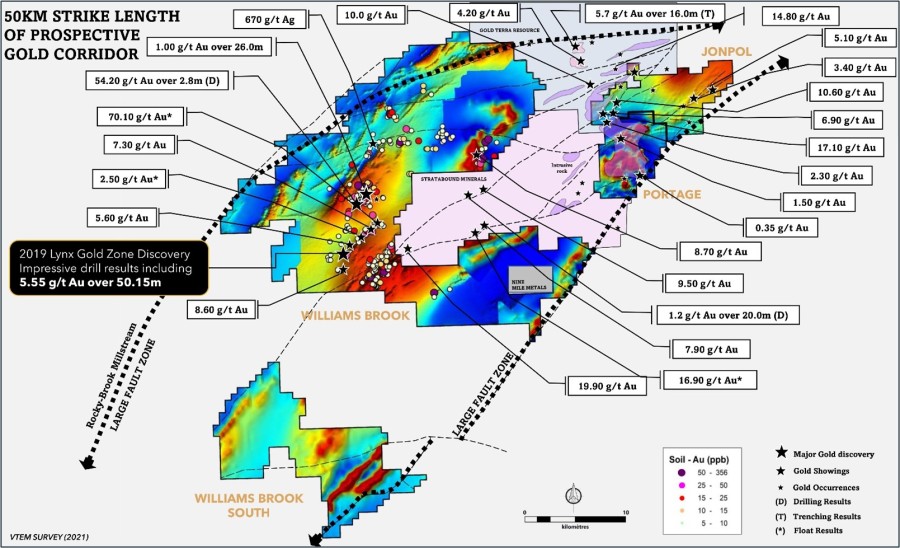 Figure 1: Main gold showings and occurrences at the Williams Brook Gold Project