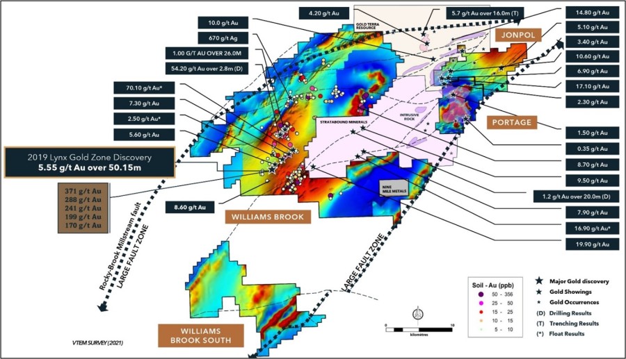 Figure 1. Main gold showings and occurrences at the Williams Brook Gold Project