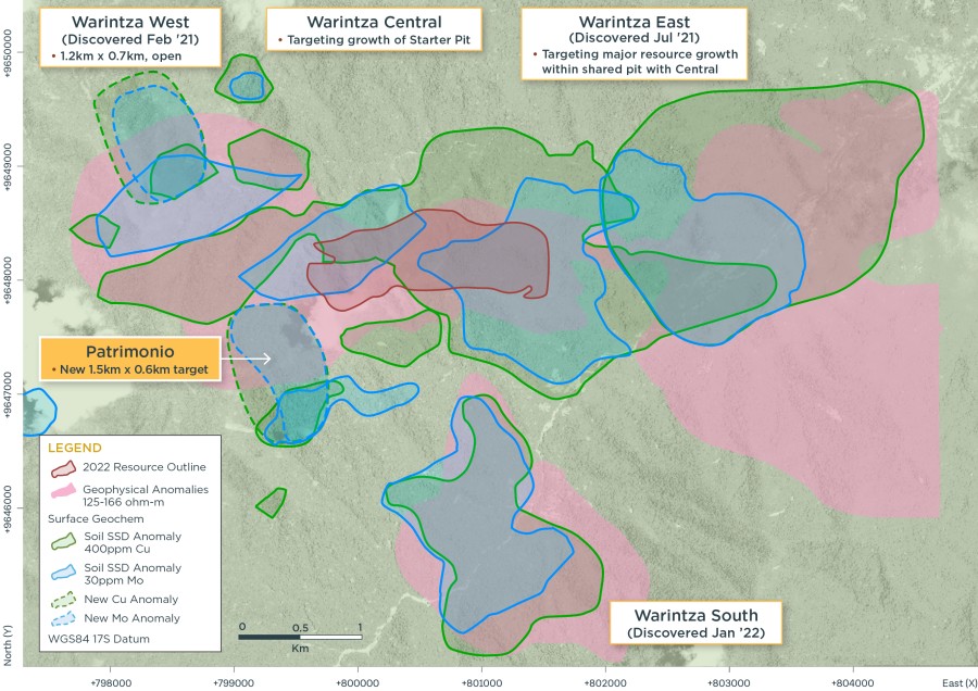 Figure 1 – Plan View of Patrimonio within 7km x 5km Warintza Porphyry Cluster