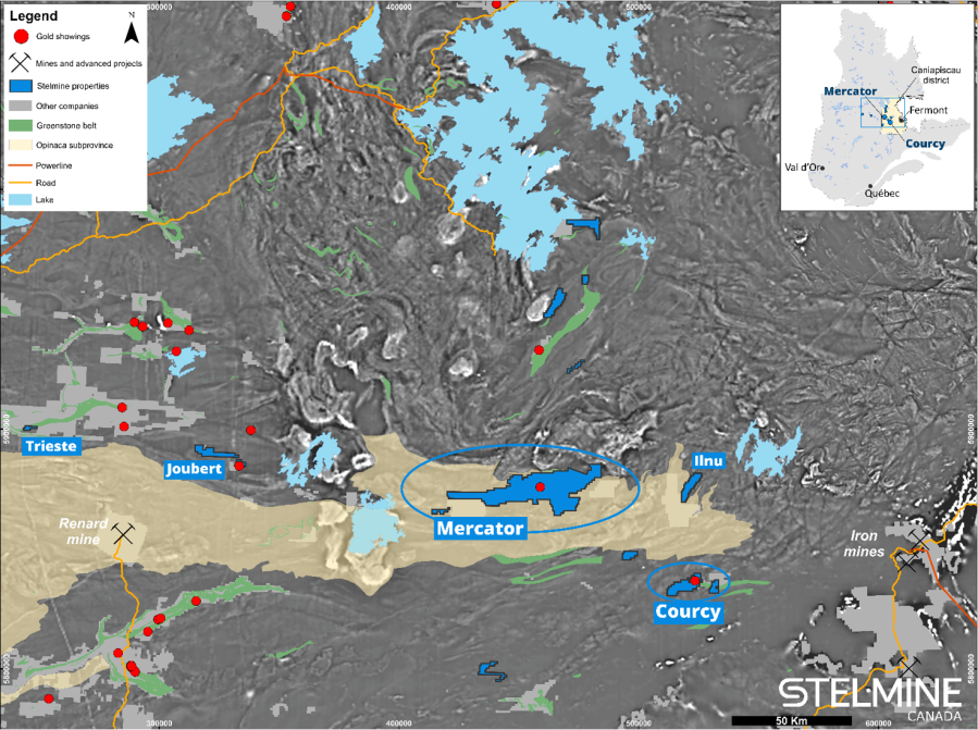 Stelmine property locations within northeastern Quebec.