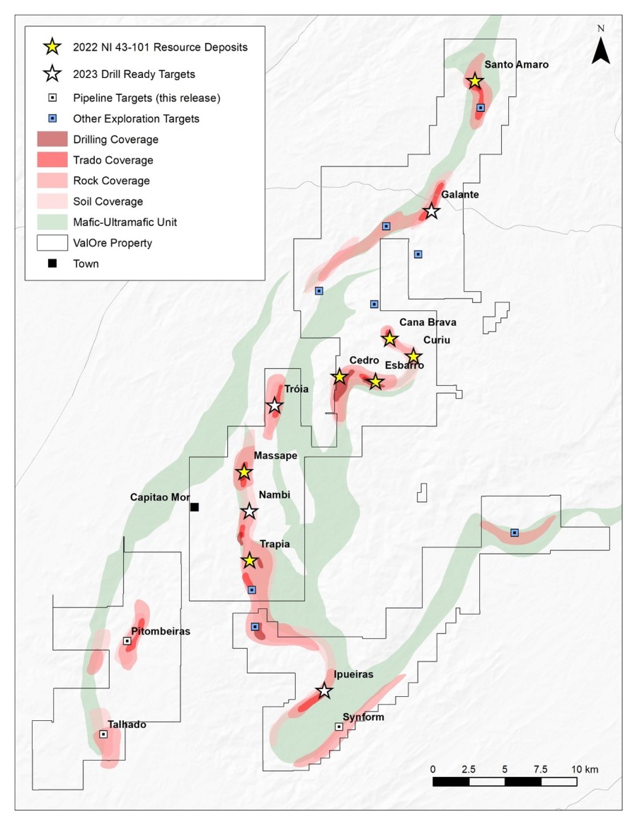 Figure 1: Pedra Branca project property map, highlighting location of current resource zones, drill-ready targets and pipeline targets with partial results reported in this release.