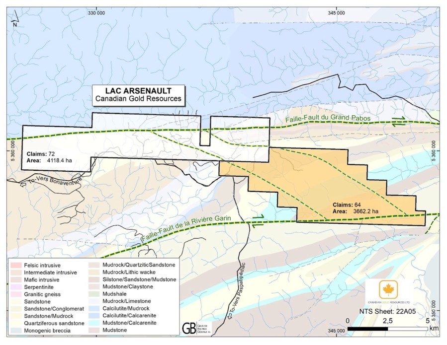 Plan view map of the Lac Arsenault claims with the addition of the new Lac Arsenault claims (orange) encompassing the interlinking fault structures (green). 