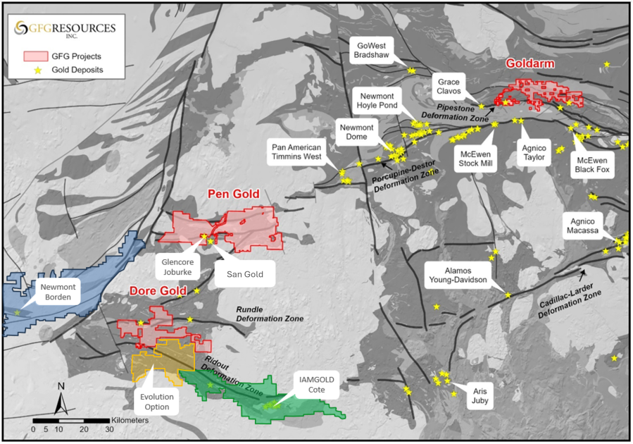 Figure 1: Regional Map of GFG Gold Projects in the Timmins Gold District
