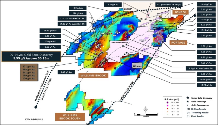 Figure 2: Main gold showings and occurrences at the Williams Brook Gold Project