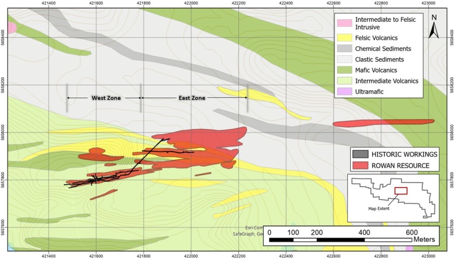 Plan View of Rowan Deposit Projected to Surface, with a Transparent Geology Overlay