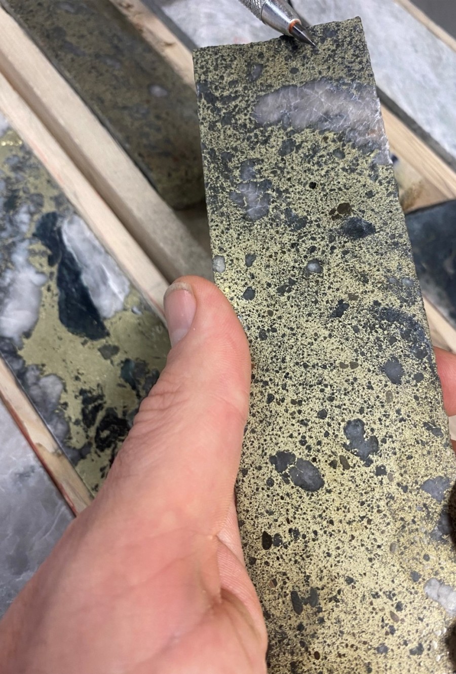 High grade drill core from CB-24-100 intersecting 7.3m @ @ 4.2% Cu, 0.3g/t Au & 16.6g/t Ag.  Image showing core between 321.9m and 322.6m.
