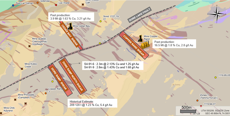 Location map of the Doré Ramp and Doré Ramp North shear zones with respect to the past producing Copper Rand mine and mill and Cedar Bay mine. 