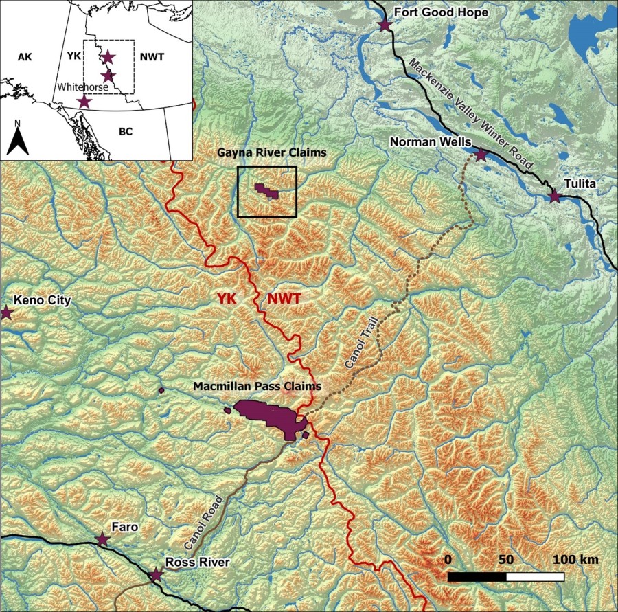 Map 1 – Location of the Gayna River claims, Northwest Territories, and Macmillan Pass claims, Yukon, Canada.