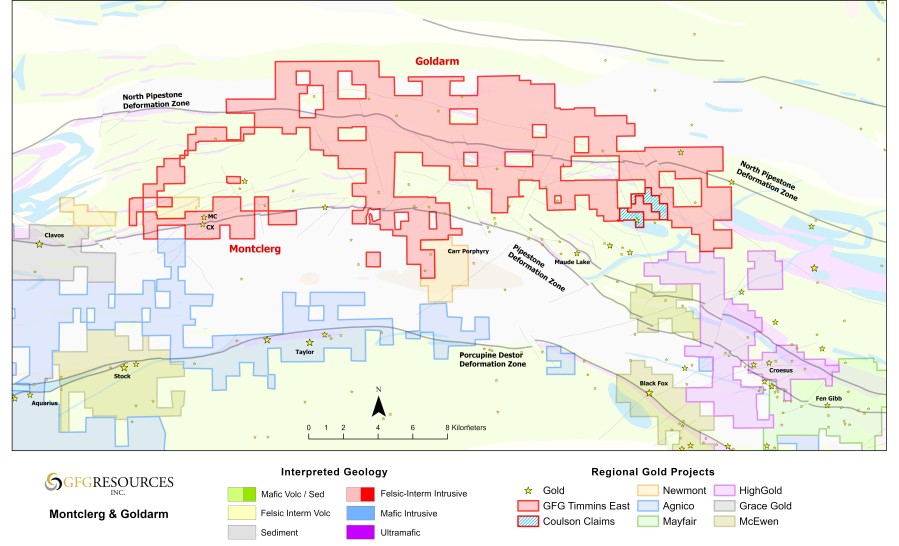 Figure 1: Timmins East Regional Map of the Goldarm Property with Coulson Claims 
