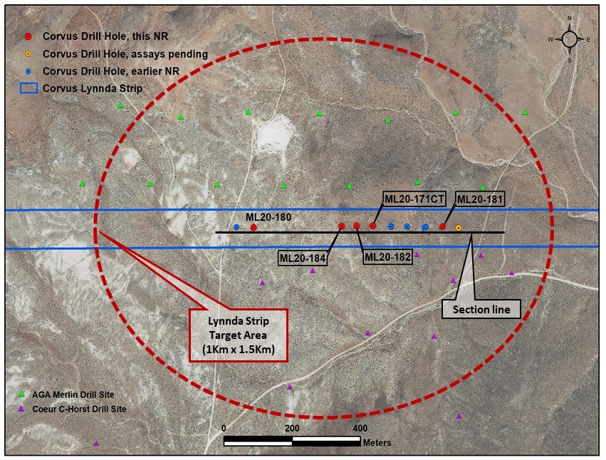 Corvus Gold Drill Plan Map of the Lynnda Strip, Feb 2021
