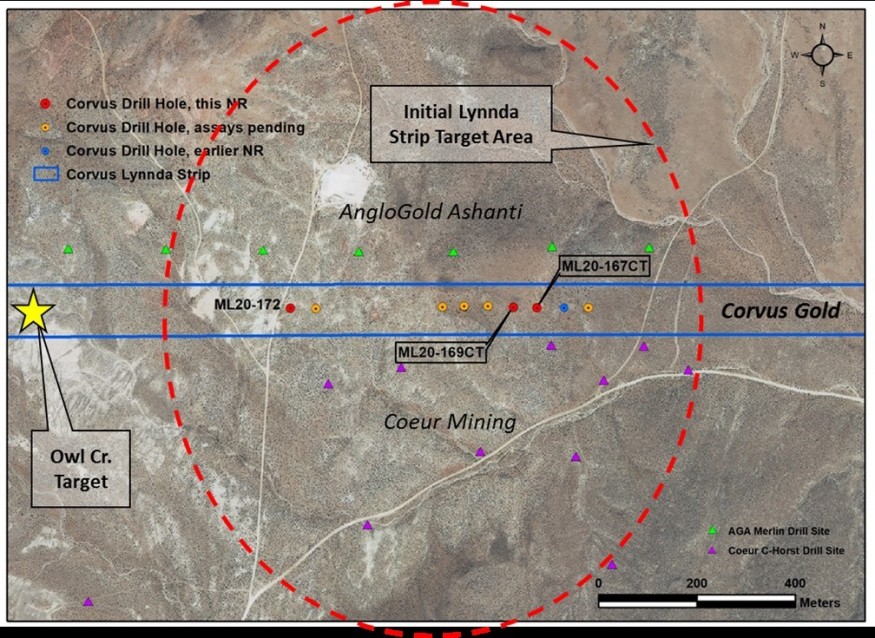 Corvus Gold drill plan map for the Lynnda Strip, gold discovery for Jan 13, 2021 