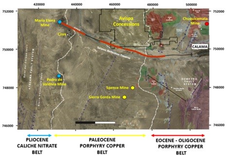 Figure 1: Satellite image of the northern Atacama/Antofagasta region showing the Avispa property relative to major copper molybdenum porphyry mines and Caliche nitrate-iodine mines (amended after Lopez et al, 2019).