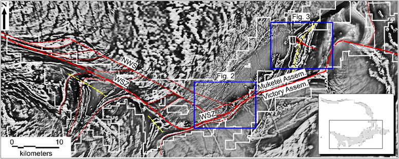 Figure 1 - Regional magnetics showing the trace of the WSZ and its associated structures