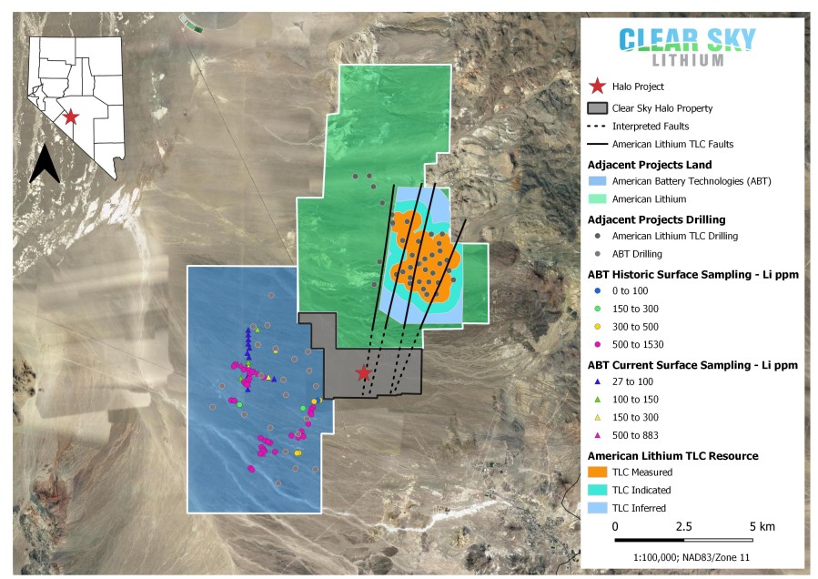 Figure 1 – Clear Sky Lithium Halo Project Map displaying assay values from adjacent properties (American Lithium’s TLC project to the northeast and American Battery Technology Company’s Tonopah Flats project to the southwest).  