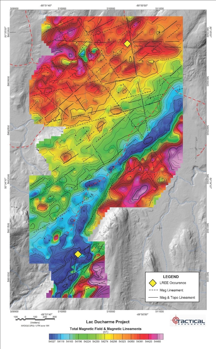 Figure 1 – Total Magnetic Field with interpreted magnetic lineaments for the Lac Ducharme Project.  Light Rare Earth Element occurrences are indicated with a yellow diamond