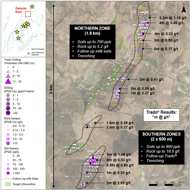 Galante East target plan map with highlights of the first phase of geochemistry.