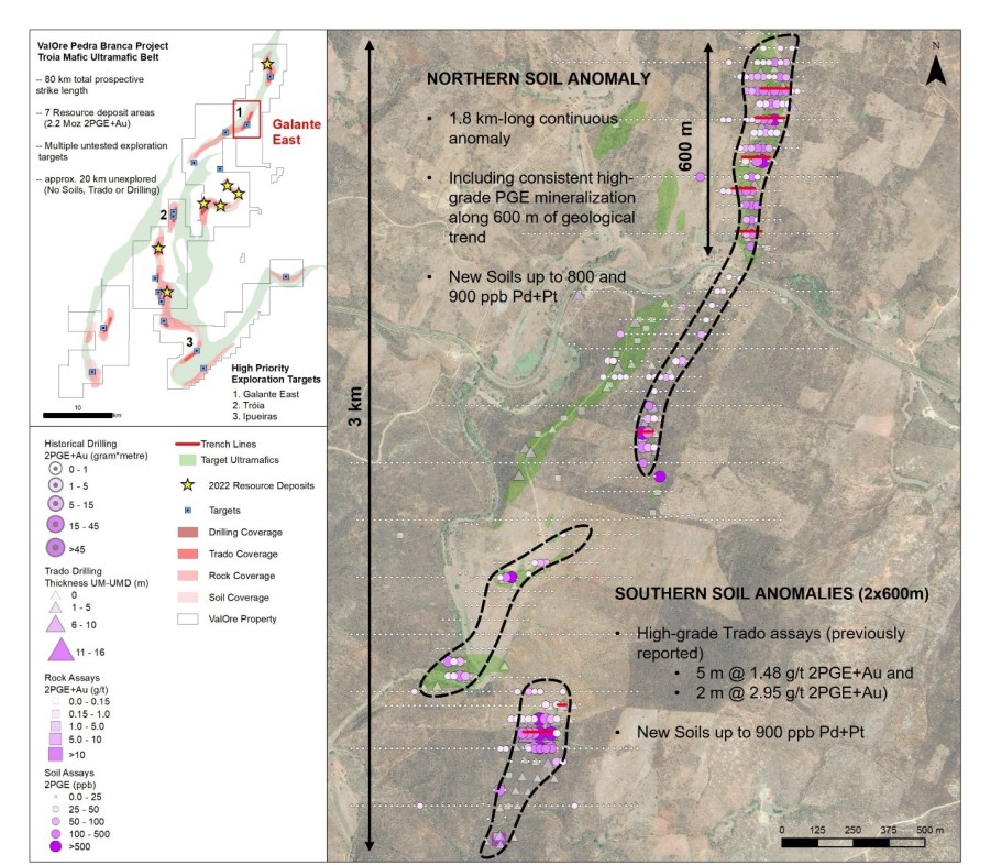 Figure 1: Plan map of Galante East, highlighting the high-priority mineralized zones, previously reported Trado® auger assays, and follow-up trenches.