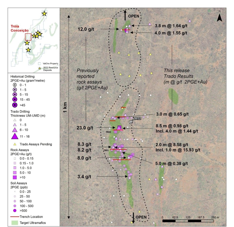 Figure 1: Tróia target plan map with high-grade Trado® and rock samples highlighted.