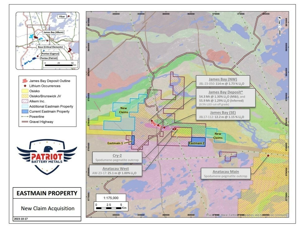 Figure 1: Location of new claim acquisition at the Company’s Eastmain Project**Sources pertaining to Figure 1 include Galaxy Resources Ltd. ASX news release dated September 14, 2017, Alkem Ltd. ASX news releases dated August 3, and 11, 2023, Brunswick Exploration Inc. TSXV news release dated July 20, 2023, and the Ministère de l’Énergie et Ressources naturelles report GM34050 dated September 4, 1975. (CNW Group/Patriot Battery Metals Inc)