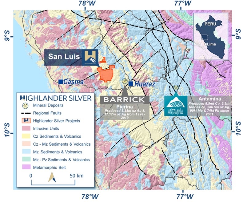 Highlander Silver Annoucnes Acquisition of the Bonanza Grade San Luis Epithermal Gold-Silver Project in Peru, With Historical Measured & Indicated Resources of 348,000 Ounces Grading 22.4 g/t Gold, and 9,003,300 Ounces Grading 578 g/t Silver