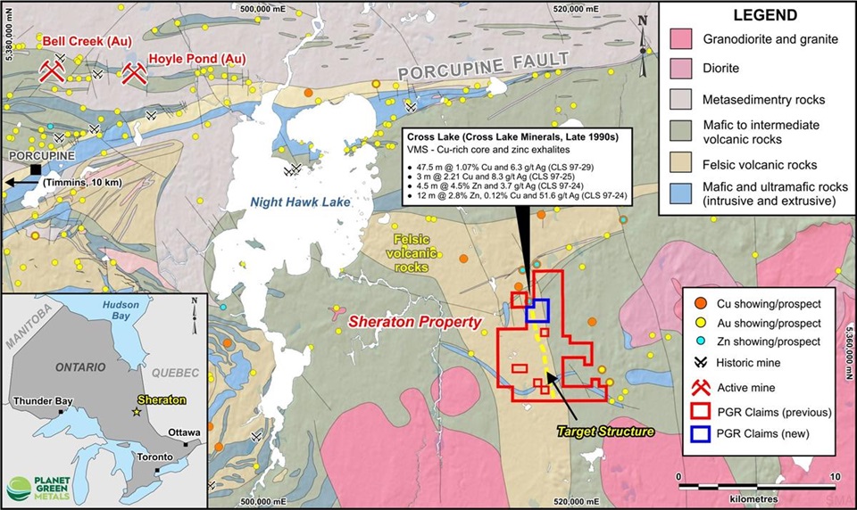 Planet Green Metals Acquires Additional Strategic Claims to their Flagship Sheraton VMS Property, Timmins Ontario
