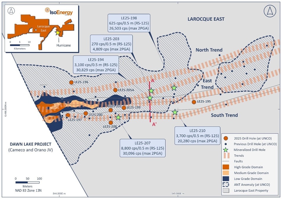 IsoEnergy Intersects Strongly Elevated Radioactivity in Multiple Holes Immediately Along Strike of Hurricane and In Step-Out Target Area D, 2.8 km East