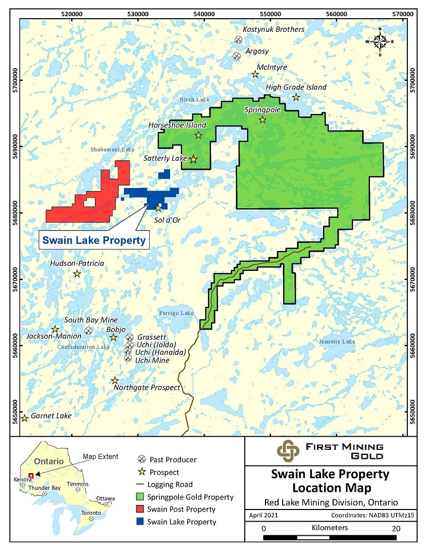 Location of the Swain Lake Property and the Springpole Gold Project: (CNW Group/First Mining Gold Corp.)